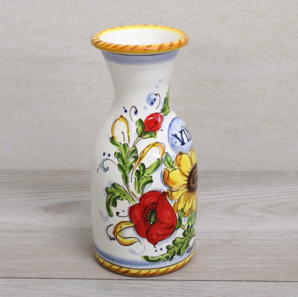 Italian Ceramic Carafe 0,5 liter , handmade and painted for wine, water and soft drinks. Side view, poppie! The pattern's name is : Sunflower, poppies and wheat