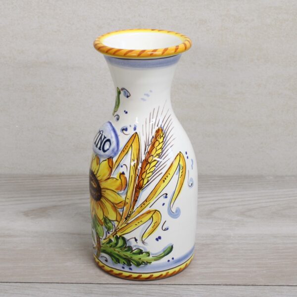 Italian Ceramic Carafe 0,5 liter , handmade and painted for wine, water and soft drinks. Side view, wheat! The pattern's name is : Sunflower, poppies and wheat