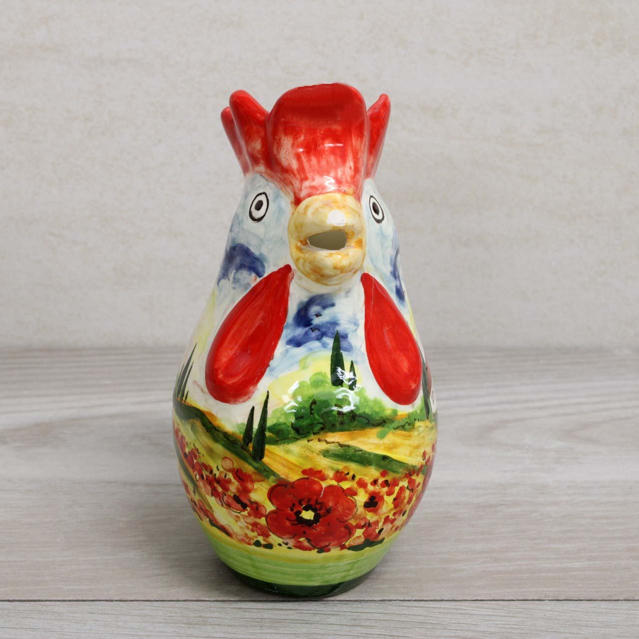 Brocca Gallo In Ceramica Decorata A Mano Paesaggio Papaveri